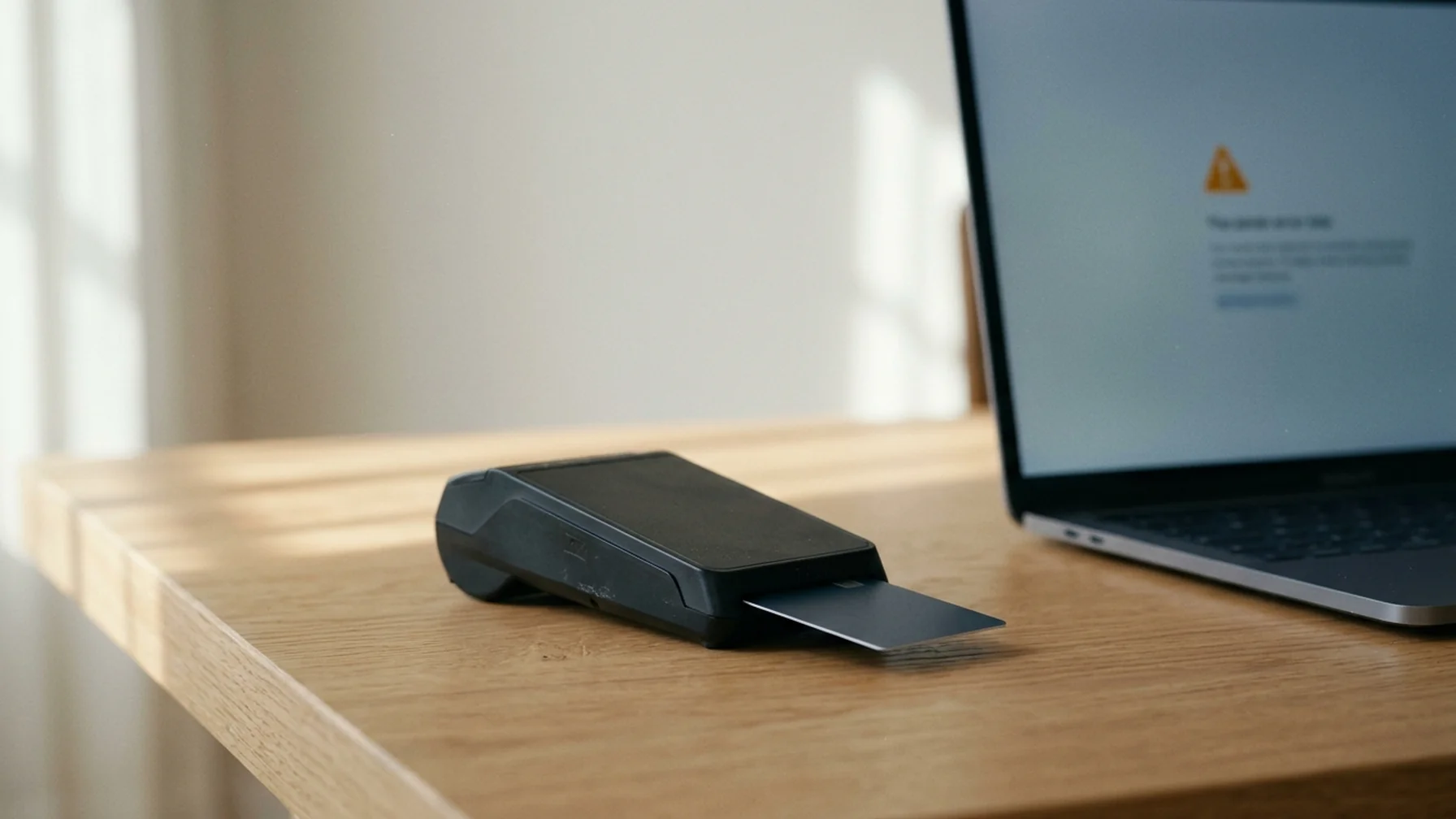 Close-up of a payment terminal on a desk beside a laptop showing a declined transaction notice, soft window light