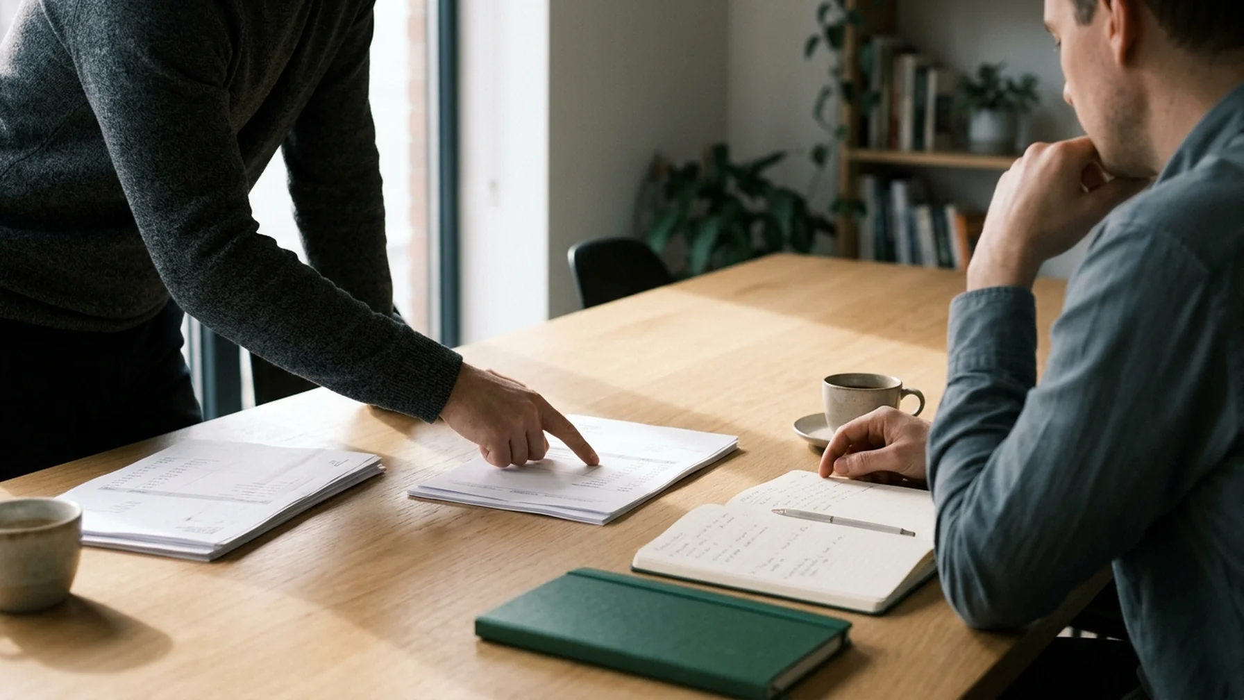 Two people reviewing an invoice on paper at a meeting table, one pointing at a line item, notebooks nearby