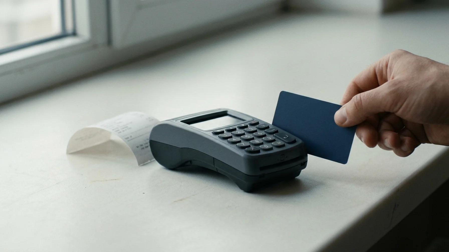 Close-up of a payment terminal on a counter with a declined transaction slip, a hand holding a bank card, cool daylight from a nearby window