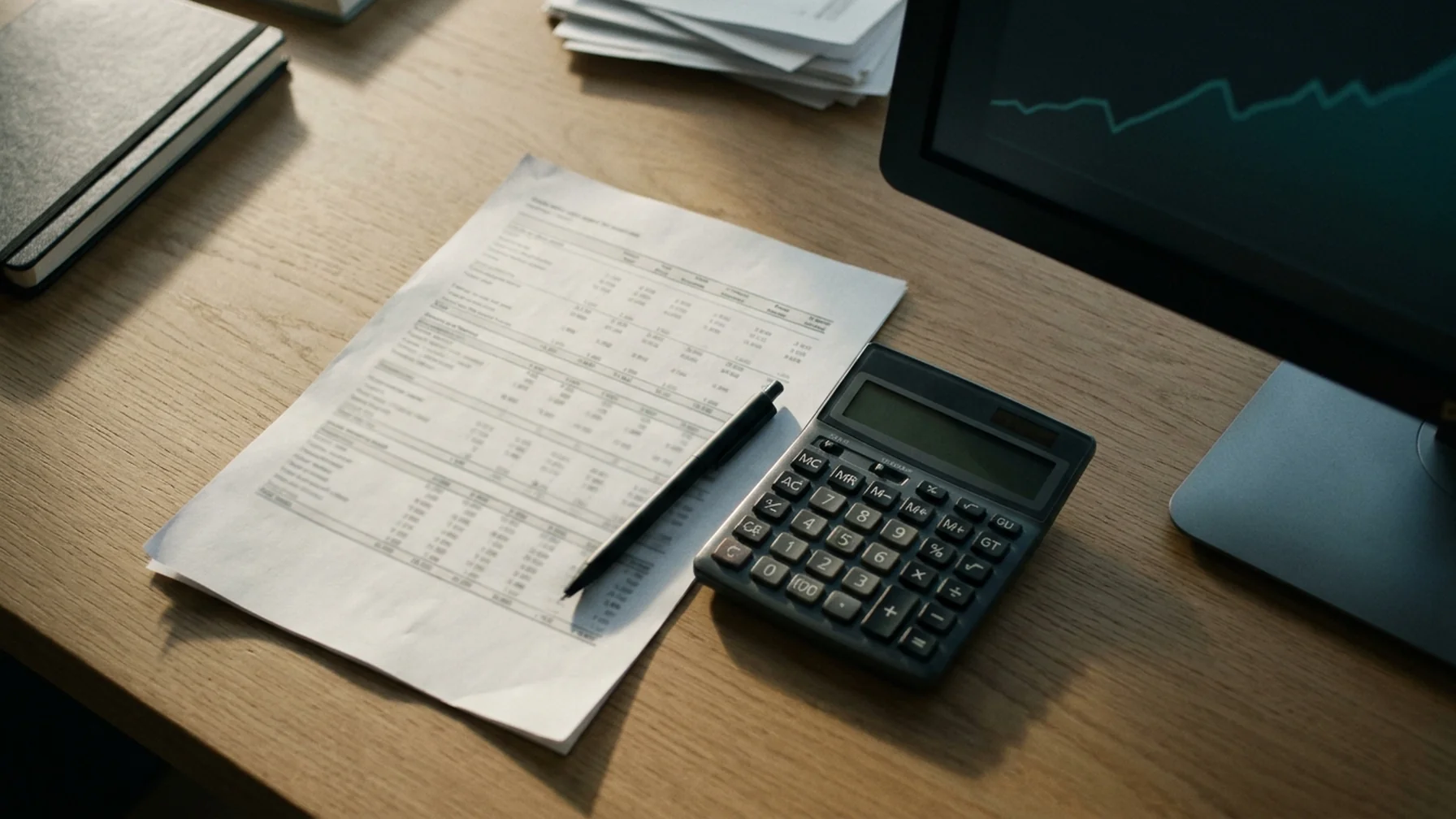 Analyst's desk with a printed revenue summary, calculator and pen, a second screen showing a line chart in the background