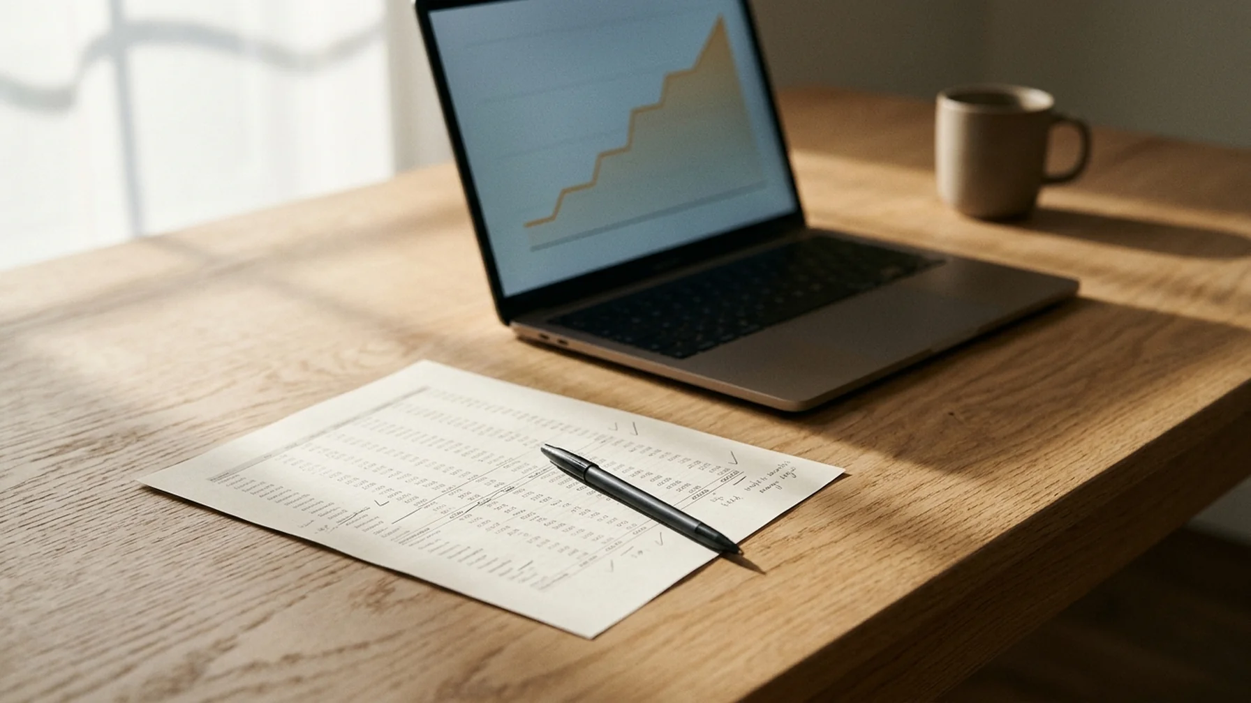 A laptop on a light wood desk showing a revenue dashboard with a line chart trending upward, a printed spreadsheet and a pen beside it, morning window light from the left