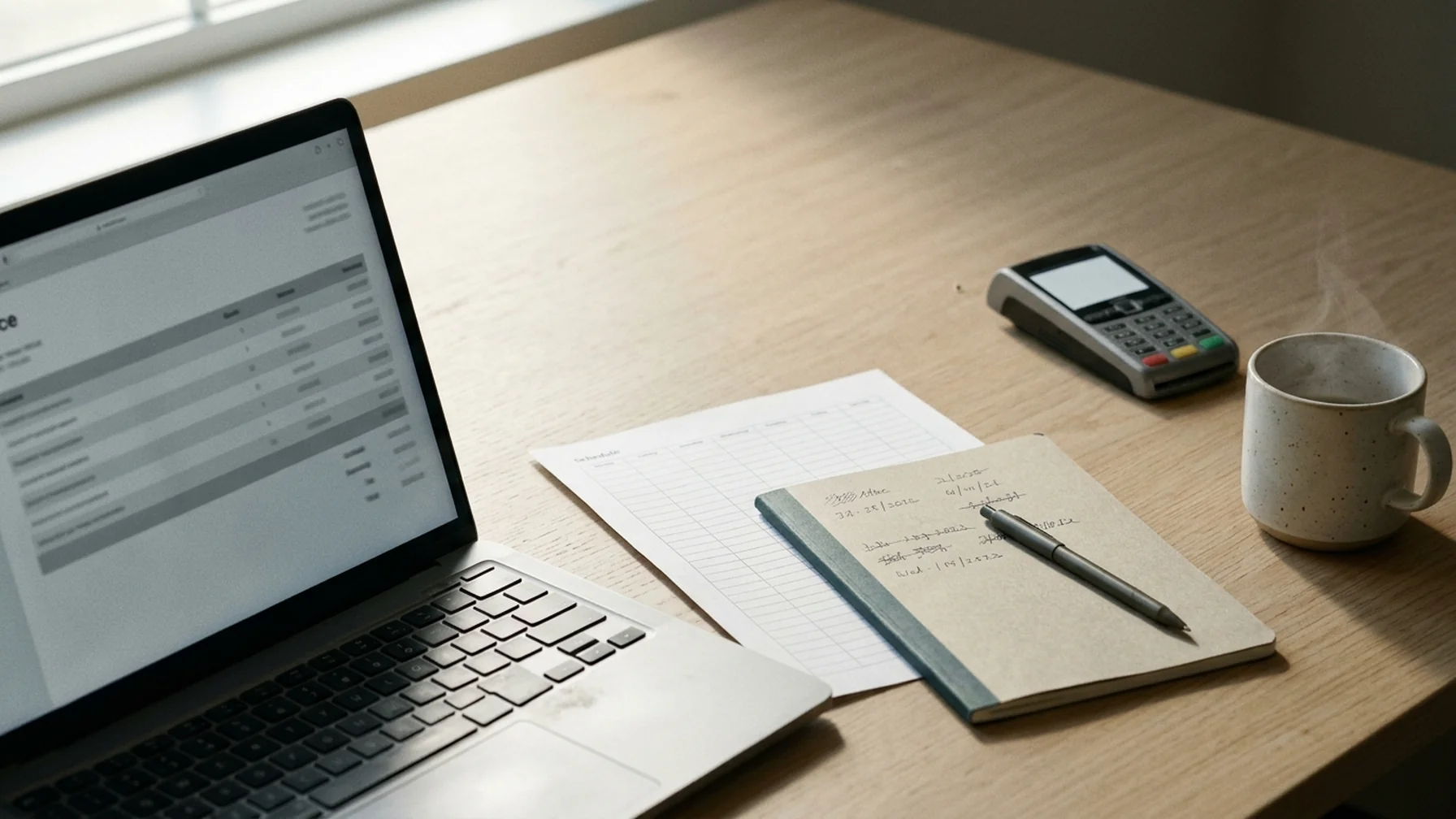 A billing operations desk with a laptop showing a subscription invoice list, a printed dunning email schedule, a card terminal and a notebook with handwritten retry dates, lit by soft window light.