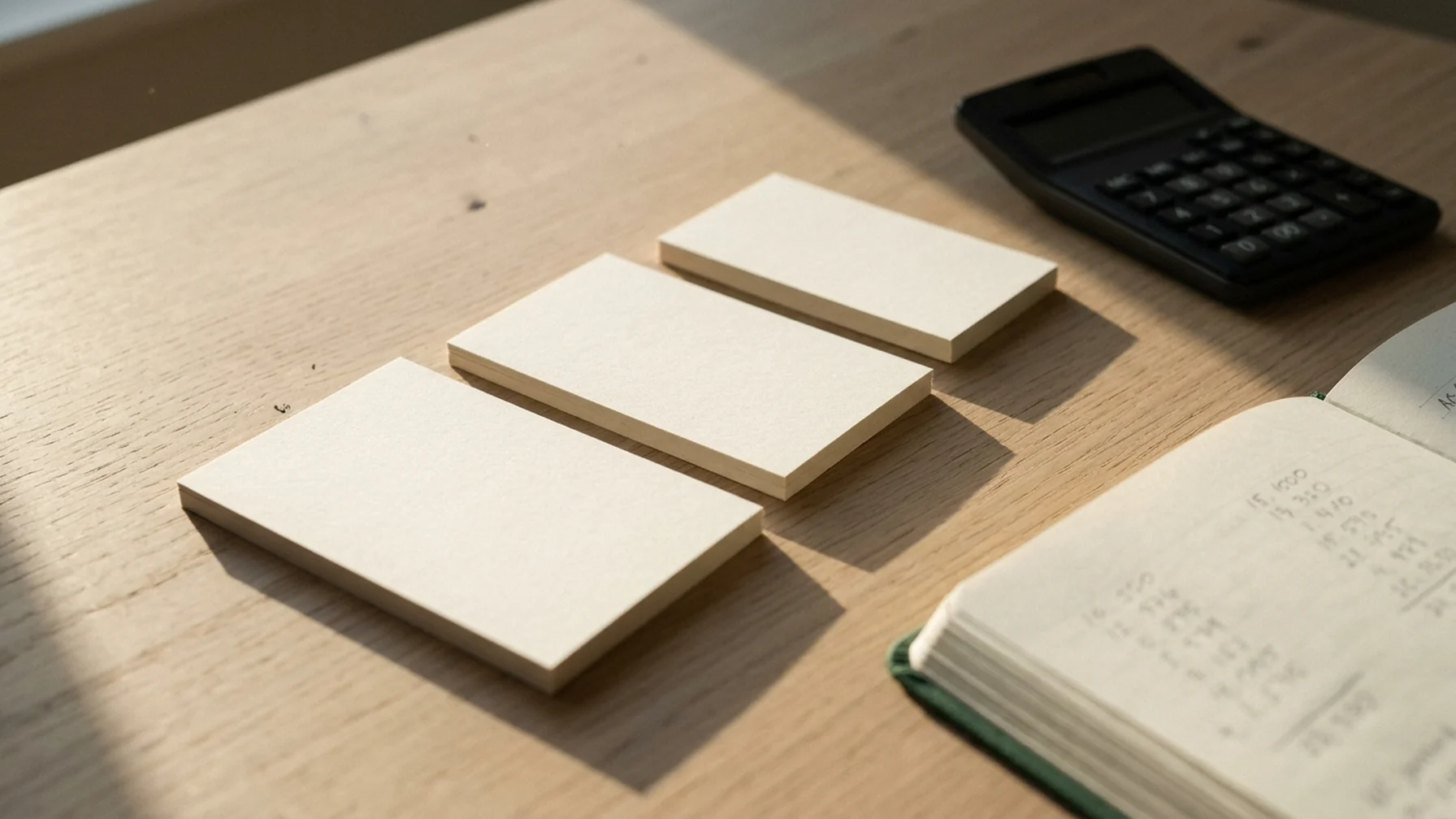 Three stacked pricing tier cards on a desk beside a calculator and a notebook with handwritten numbers, warm afternoon light